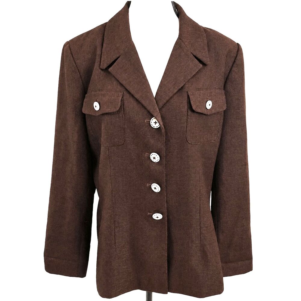 VTG 90s Y2K Sag Harbor Brown Basketweave Blazer Womens 16 White Buttons